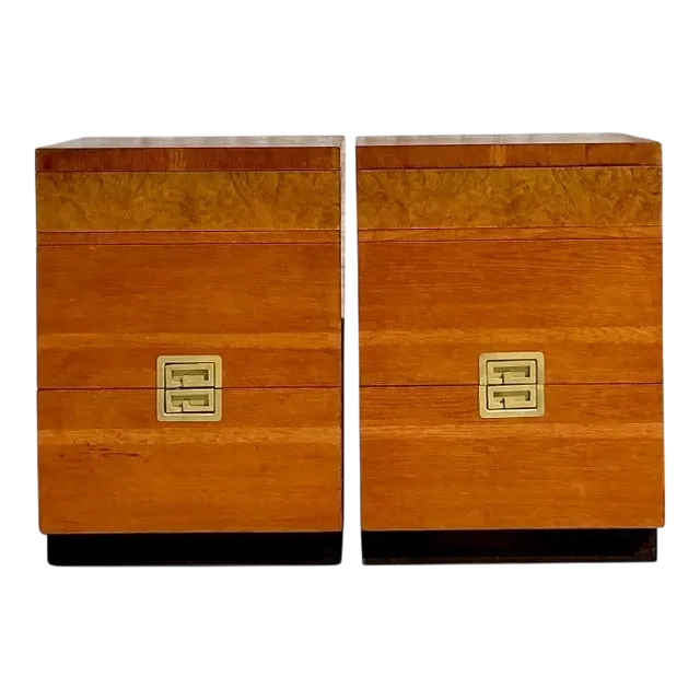 Vintage Midcentury Van Leigh Burl Wood Band Nighstands - A Pair