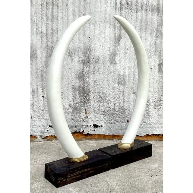 Vintage Boho Monumental Plaster Elephant Tusks - Set of 2 — additional photo 3