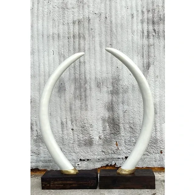 Vintage Boho Monumental Plaster Elephant Tusks - Set of 2 — additional photo 1