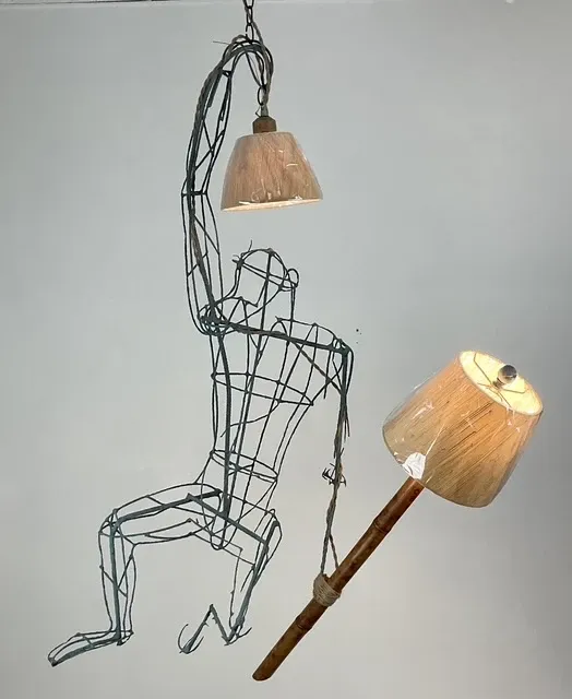 Vintage Monumental Boho Hanging Wire Frame Monkey Lamp — additional photo 1