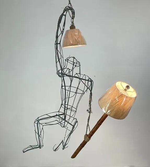 Vintage Monumental Boho Hanging Wire Frame Monkey Lamp — additional photo 3