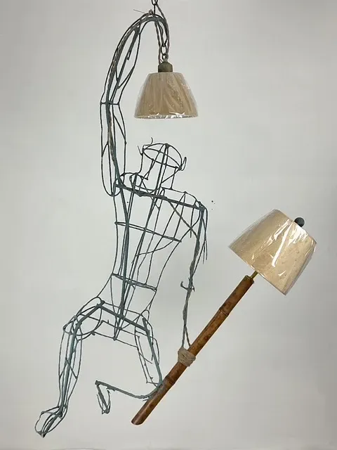 Vintage Monumental Boho Hanging Wire Frame Monkey Lamp — additional photo 7