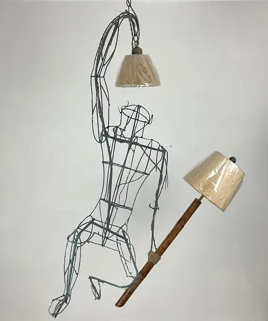 Vintage Monumental Boho Hanging Wire Frame Monkey Lamp — additional photo 8
