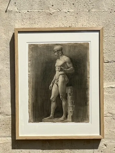 Vintage Boho Original Pencil Sketch Of Man - Wood, 26.75W x 33.75H — additional photo 1