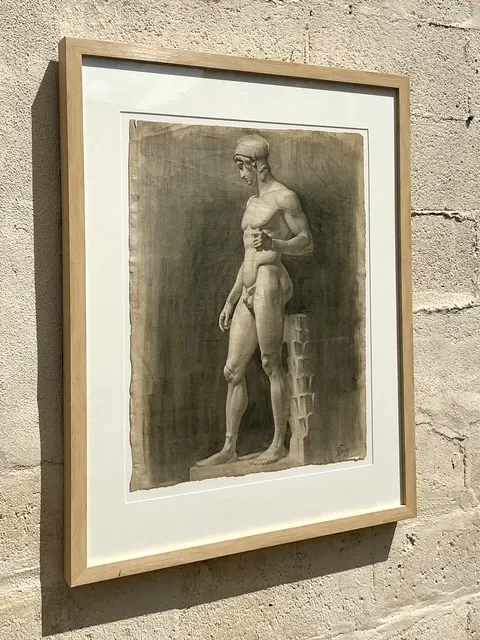 Vintage Boho Original Pencil Sketch Of Man - Wood, 26.75W x 33.75H — additional photo 2
