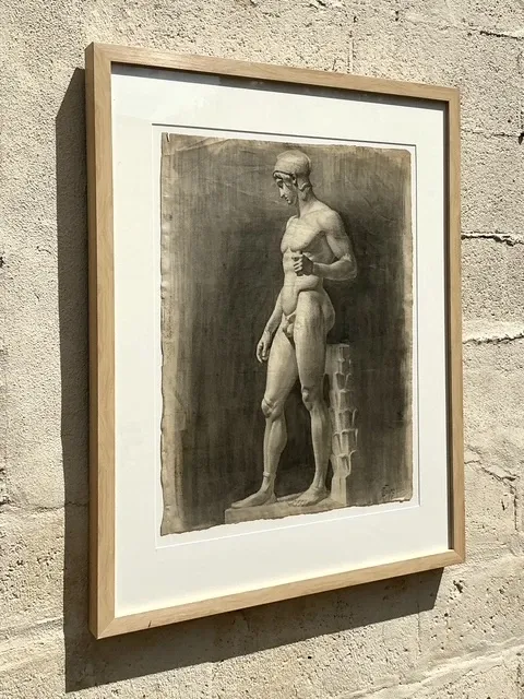Vintage Boho Original Pencil Sketch Of Man - Wood, 26.75W x 33.75H — additional photo 3