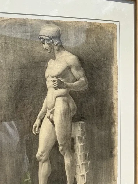 Vintage Boho Original Pencil Sketch Of Man - Wood, 26.75W x 33.75H — additional photo 5