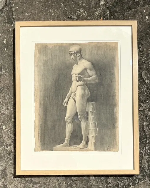 Vintage Boho Original Pencil Sketch Of Man - Wood, 26.75W x 33.75H — additional photo 7