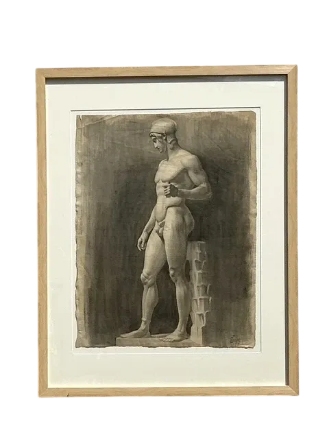 Vintage Boho Original Pencil Sketch Of Man - Wood, 26.75W x 33.75H