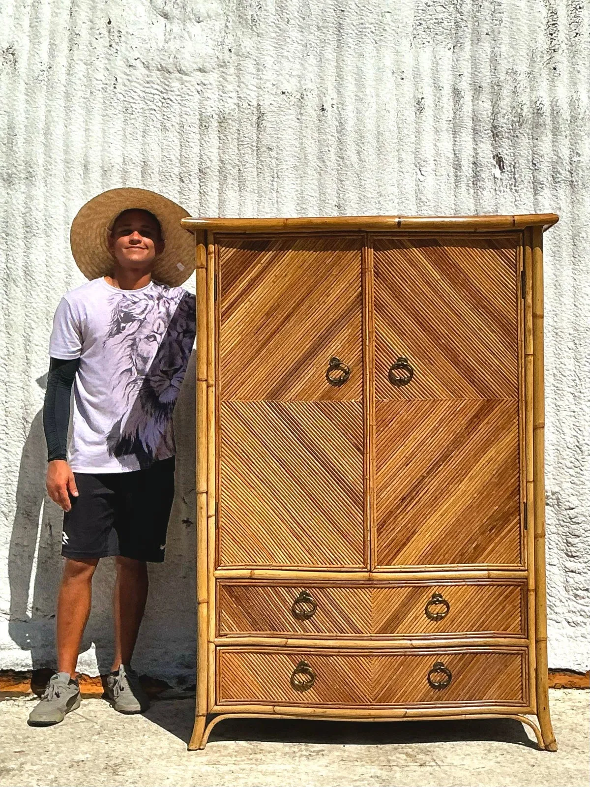 Vintage Coastal Chevron Pencil Reed Armoire — additional photo 2