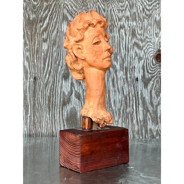 Vintage Boho Original Terracotta Bust of Woman — additional photo 2