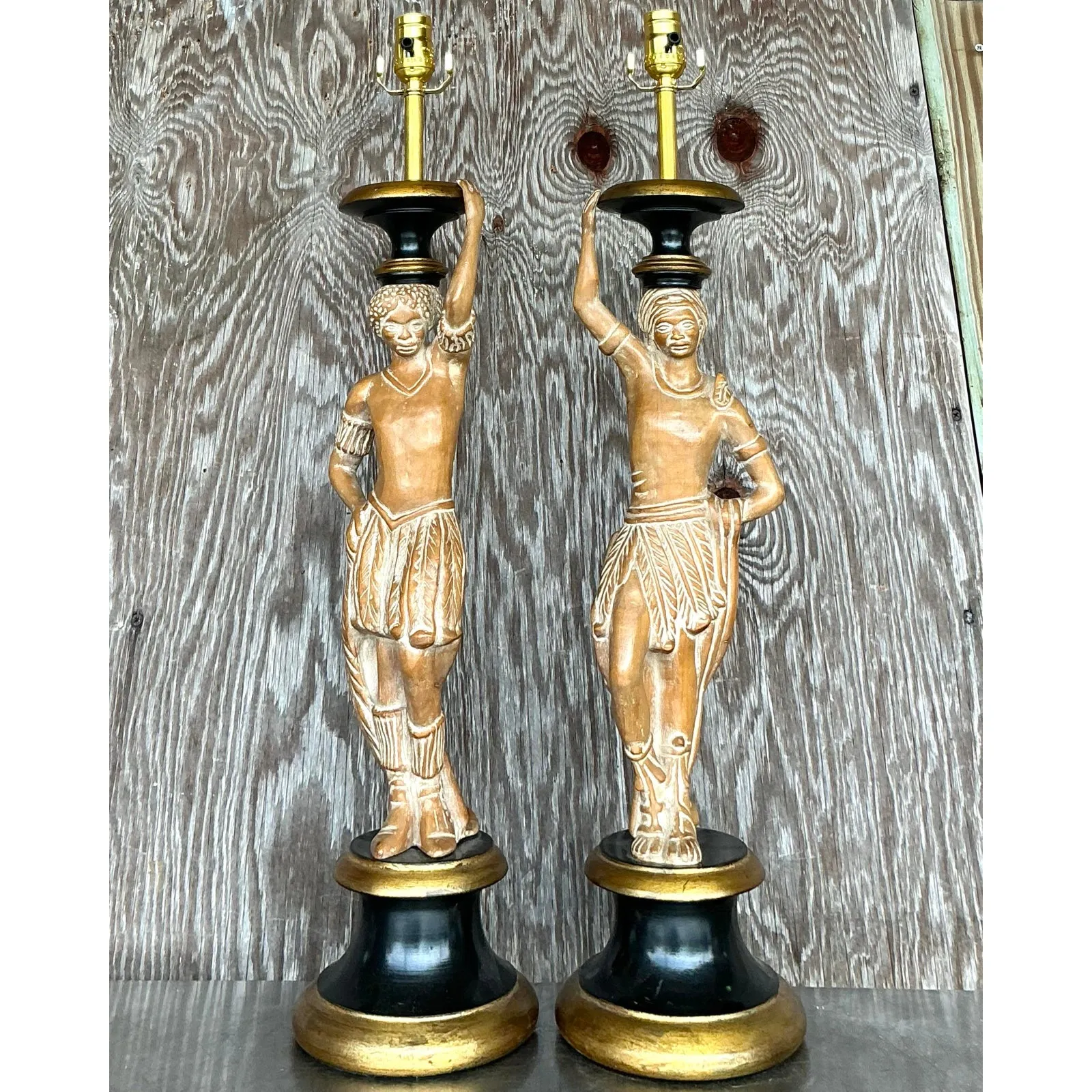 Vintage Boho Carved Figural Lamps - a Pair — additional photo 1