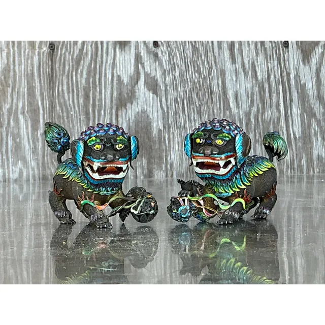 Vintage Chinese Silver 925 Enameled Foo Dogs - Set of 2 — additional photo 4