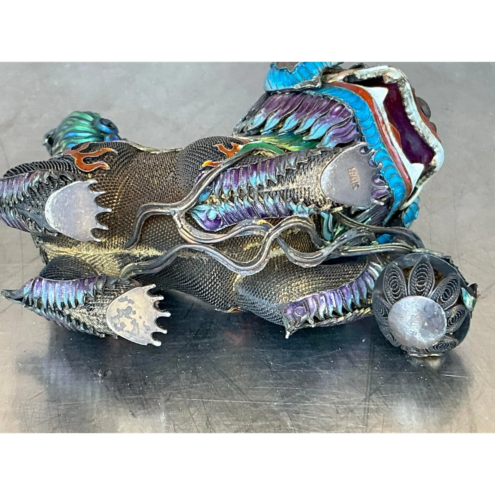 Vintage Chinese Silver 925 Enameled Foo Dogs - Set of 2 — additional photo 5