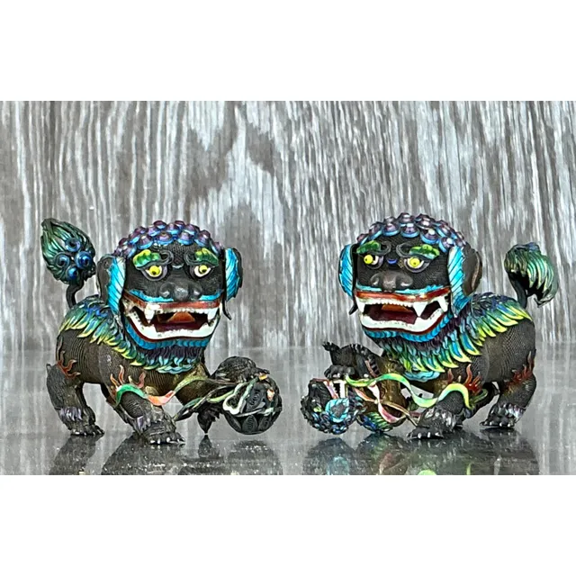 Vintage Chinese Silver 925 Enameled Foo Dogs - Set of 2 — additional photo 2