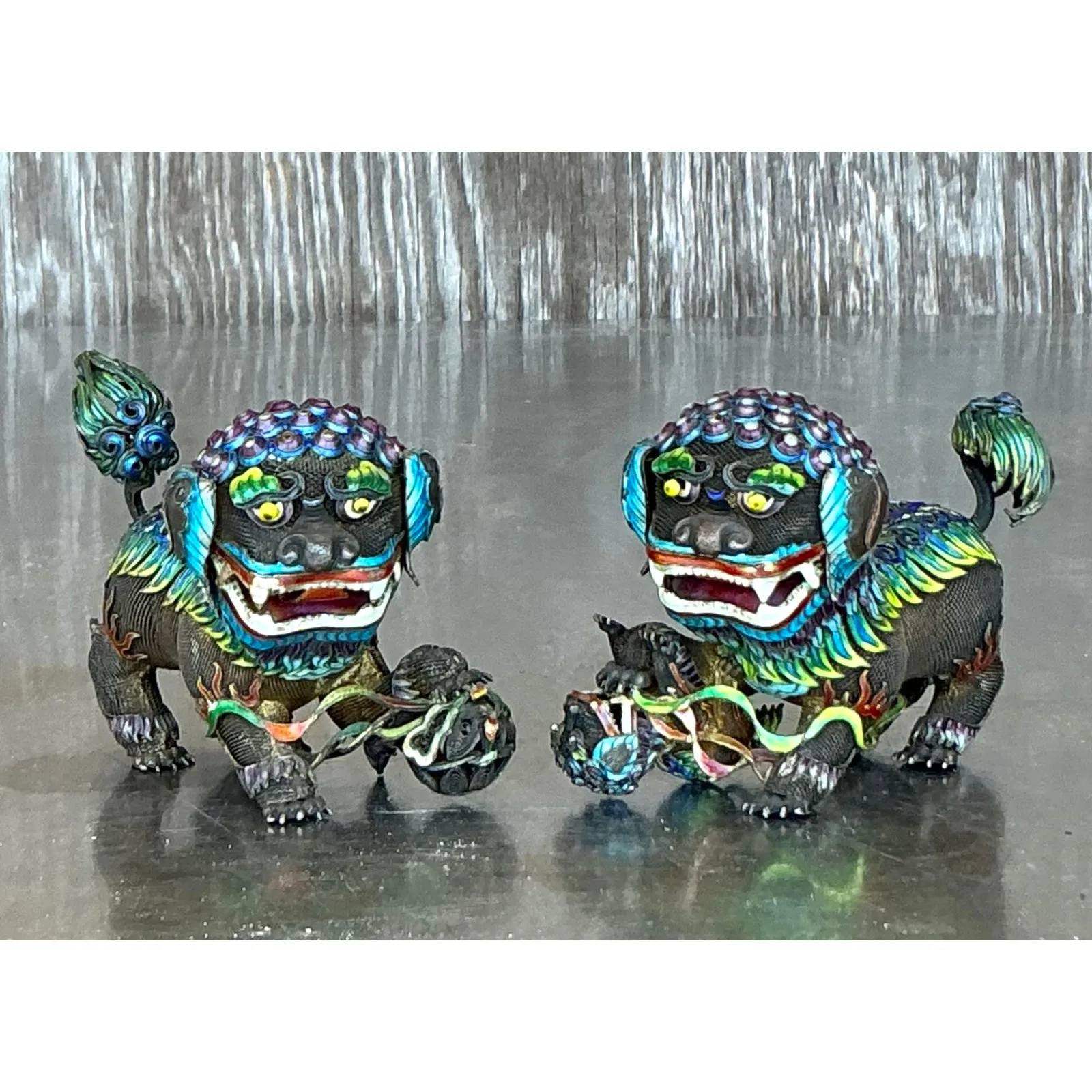 Vintage Chinese Silver 925 Enameled Foo Dogs - Set of 2 — additional photo 3