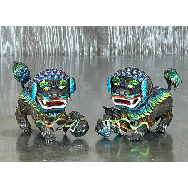 Vintage Chinese Silver 925 Enameled Foo Dogs - Set of 2 — additional photo 3