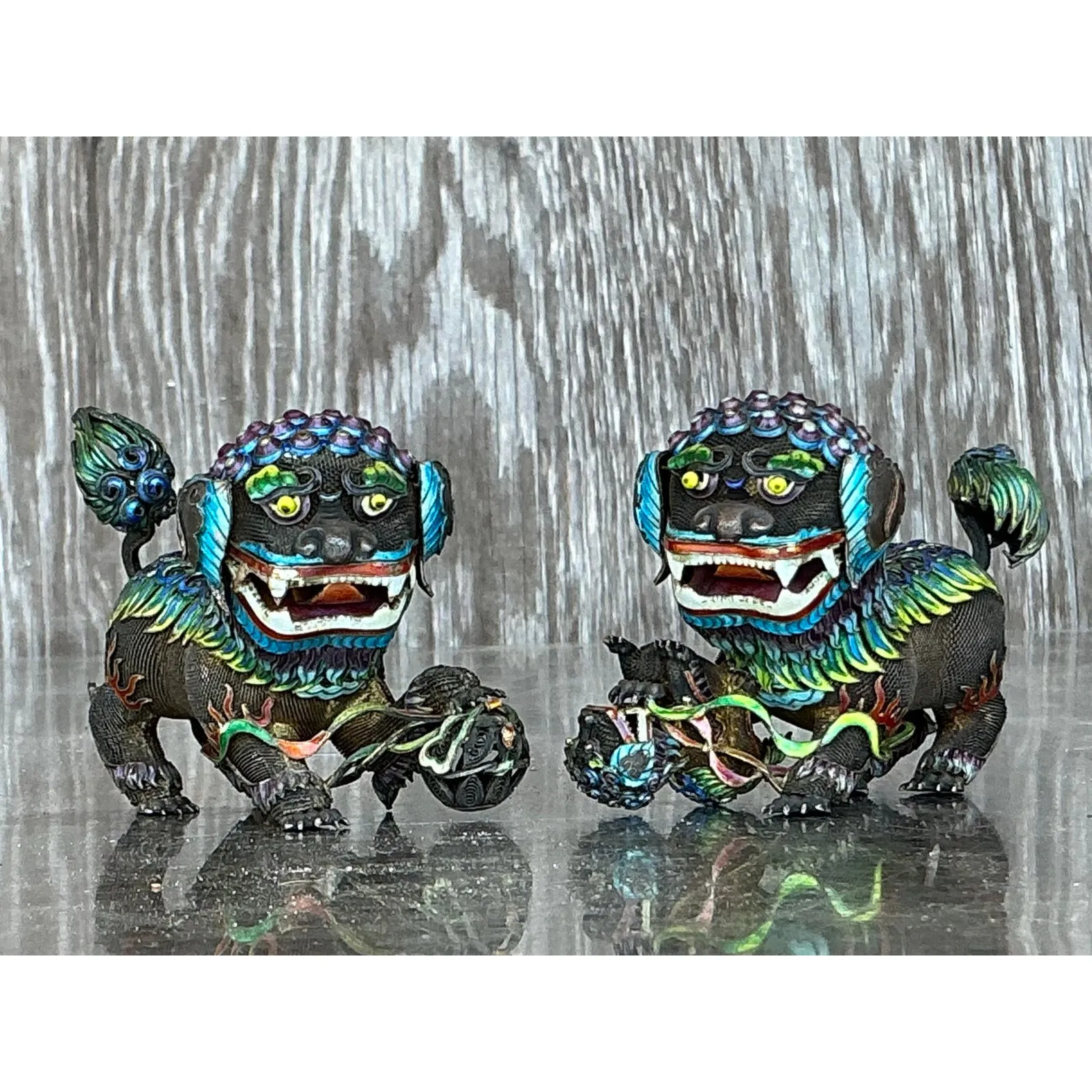 Vintage Chinese Silver 925 Enameled Foo Dogs - Set of 2 — additional photo 7