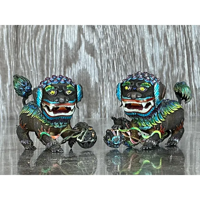 Vintage Chinese Silver 925 Enameled Foo Dogs - Set of 2 — additional photo 7
