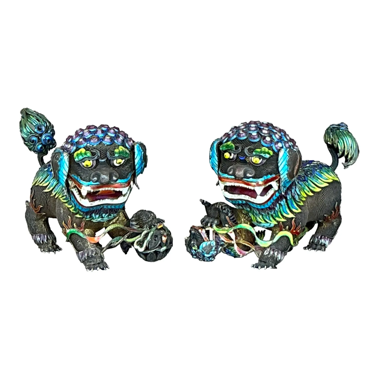 Vintage Chinese Silver 925 Enameled Foo Dogs - Set of 2 — additional photo 1