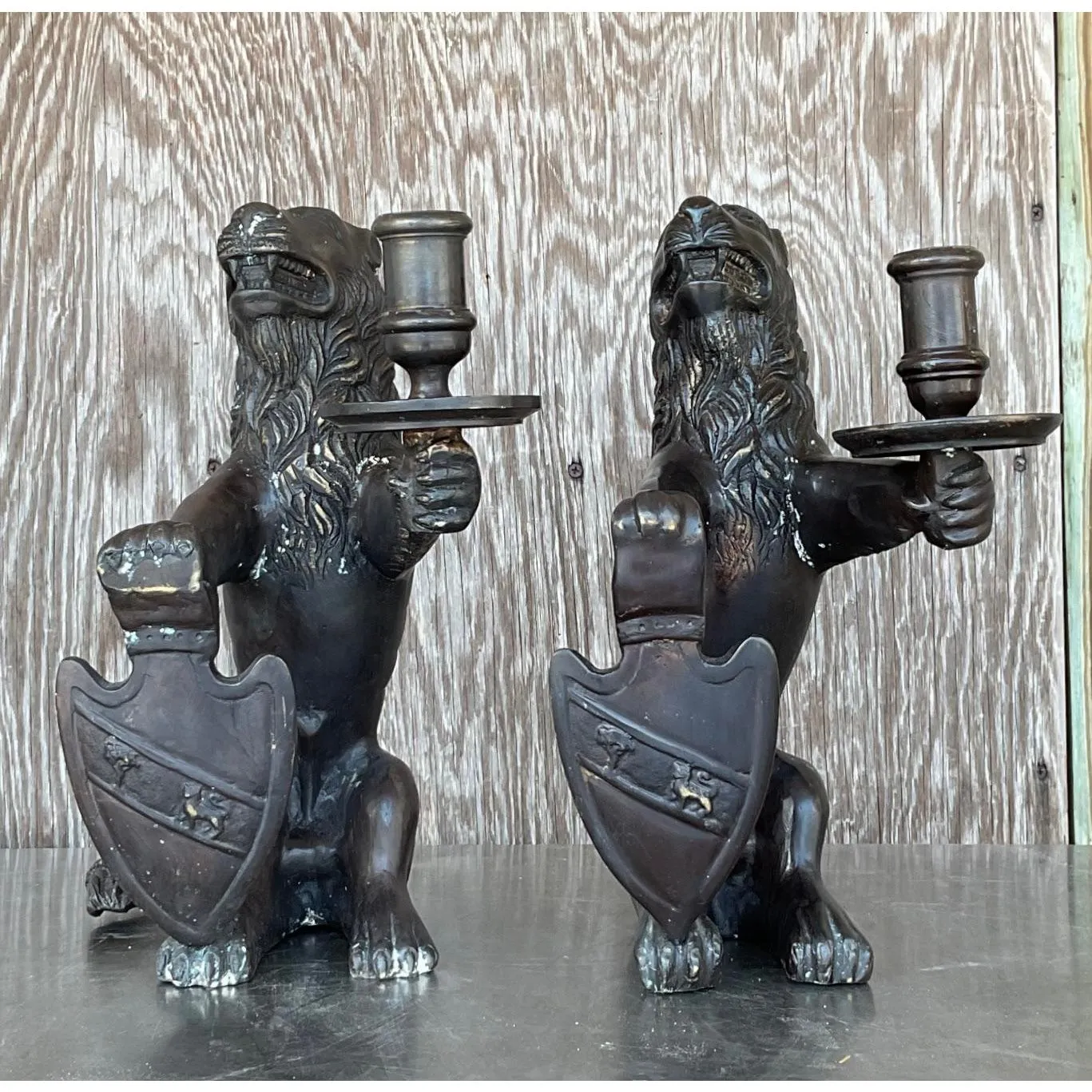 Vintage Boho Sarreid Bronze Heraldic Lion Candlesticks - A Pair — additional photo 3
