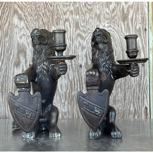 Vintage Boho Sarreid Bronze Heraldic Lion Candlesticks - A Pair — additional photo 3