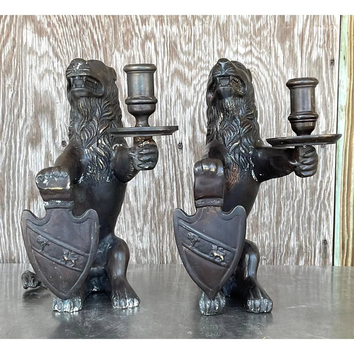 Vintage Boho Sarreid Bronze Heraldic Lion Candlesticks - A Pair — additional photo 4