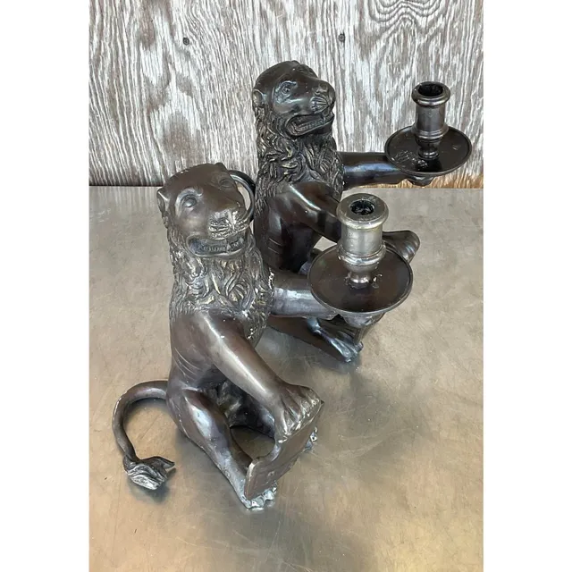 Vintage Boho Sarreid Bronze Heraldic Lion Candlesticks - A Pair — additional photo 5