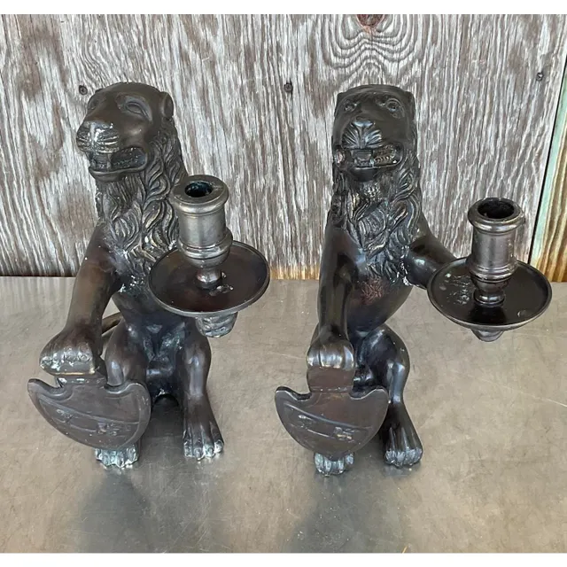 Vintage Boho Sarreid Bronze Heraldic Lion Candlesticks - A Pair — additional photo 6
