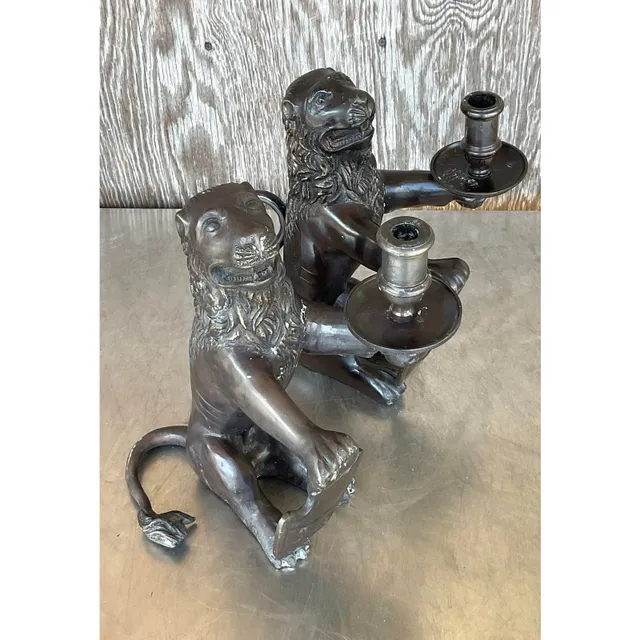 Vintage Boho Sarreid Bronze Heraldic Lion Candlesticks - A Pair — additional photo 7