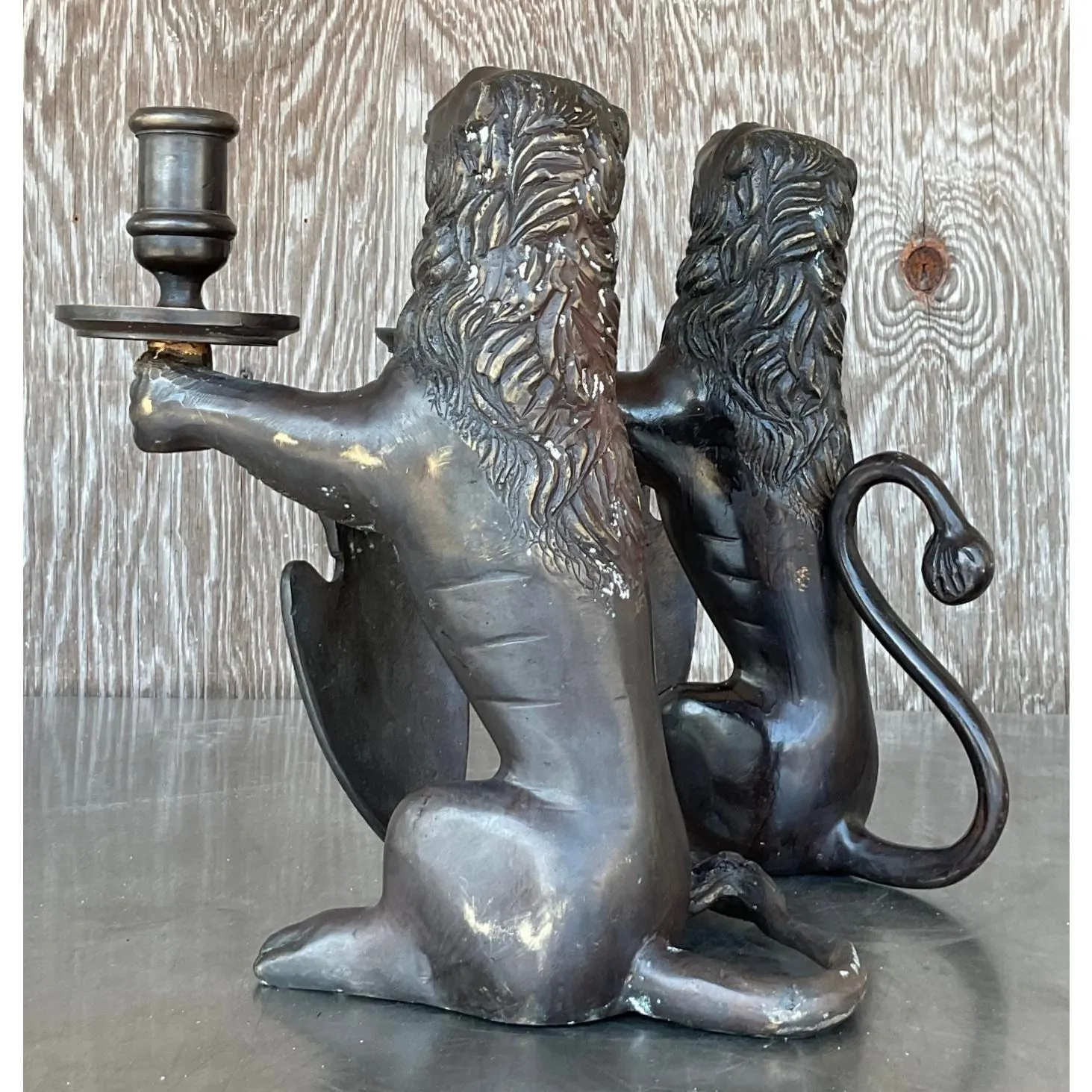 Vintage Boho Sarreid Bronze Heraldic Lion Candlesticks - A Pair — additional photo 8