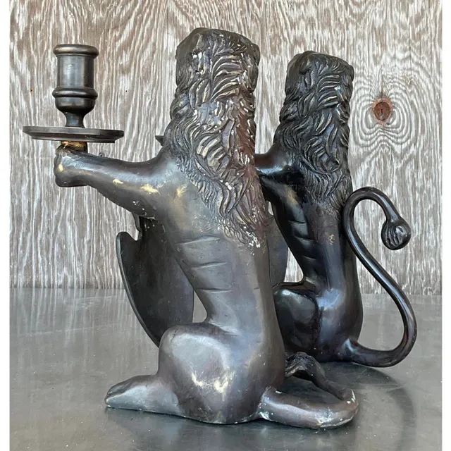 Vintage Boho Sarreid Bronze Heraldic Lion Candlesticks - A Pair — additional photo 8