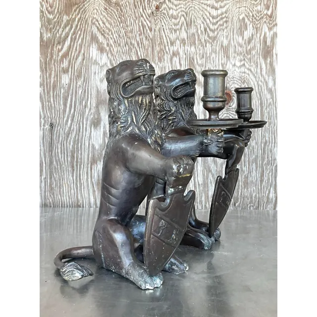 Vintage Boho Sarreid Bronze Heraldic Lion Candlesticks - A Pair — additional photo 2