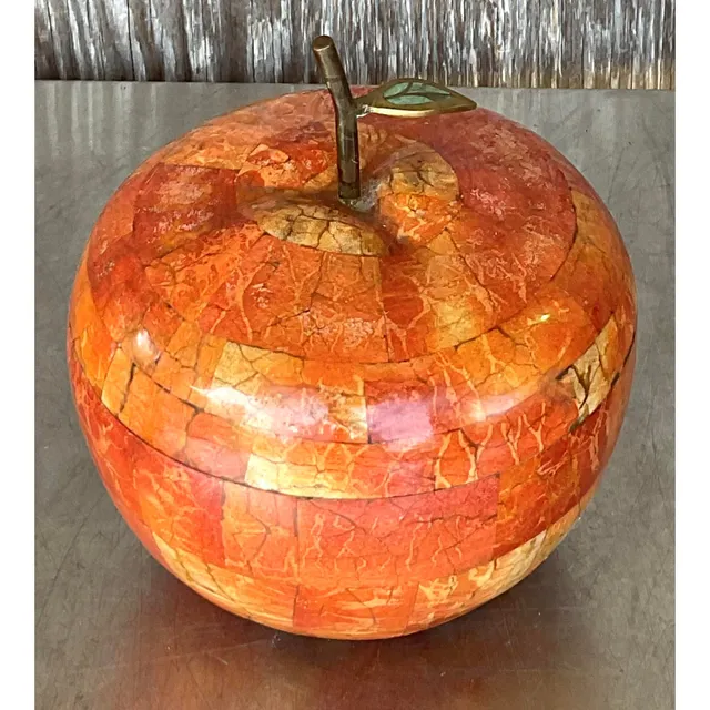 Vintage Boho Maitland Smith Tessellated Stone Apple Lidded Box — additional photo 3