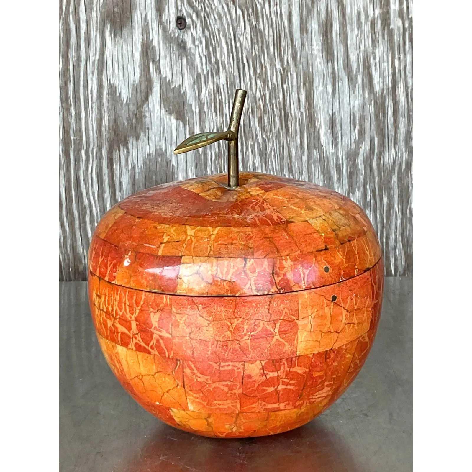 Vintage Boho Maitland Smith Tessellated Stone Apple Lidded Box — additional photo 4