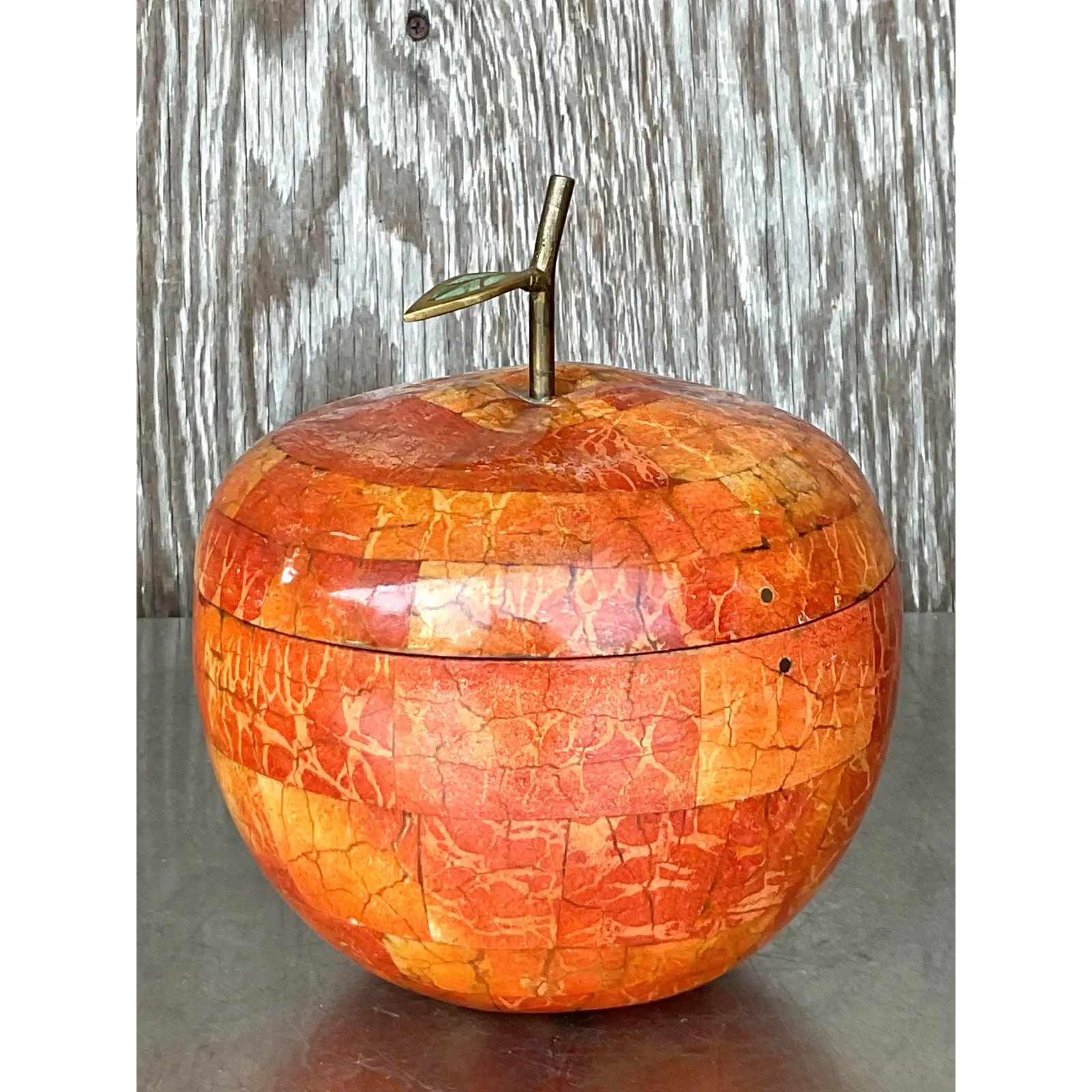 Vintage Boho Maitland Smith Tessellated Stone Apple Lidded Box — additional photo 6