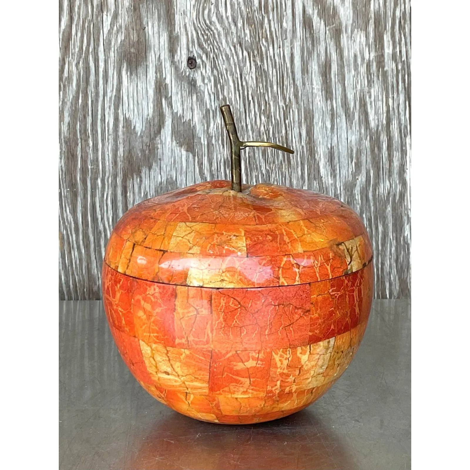 Vintage Boho Maitland Smith Tessellated Stone Apple Lidded Box — additional photo 7