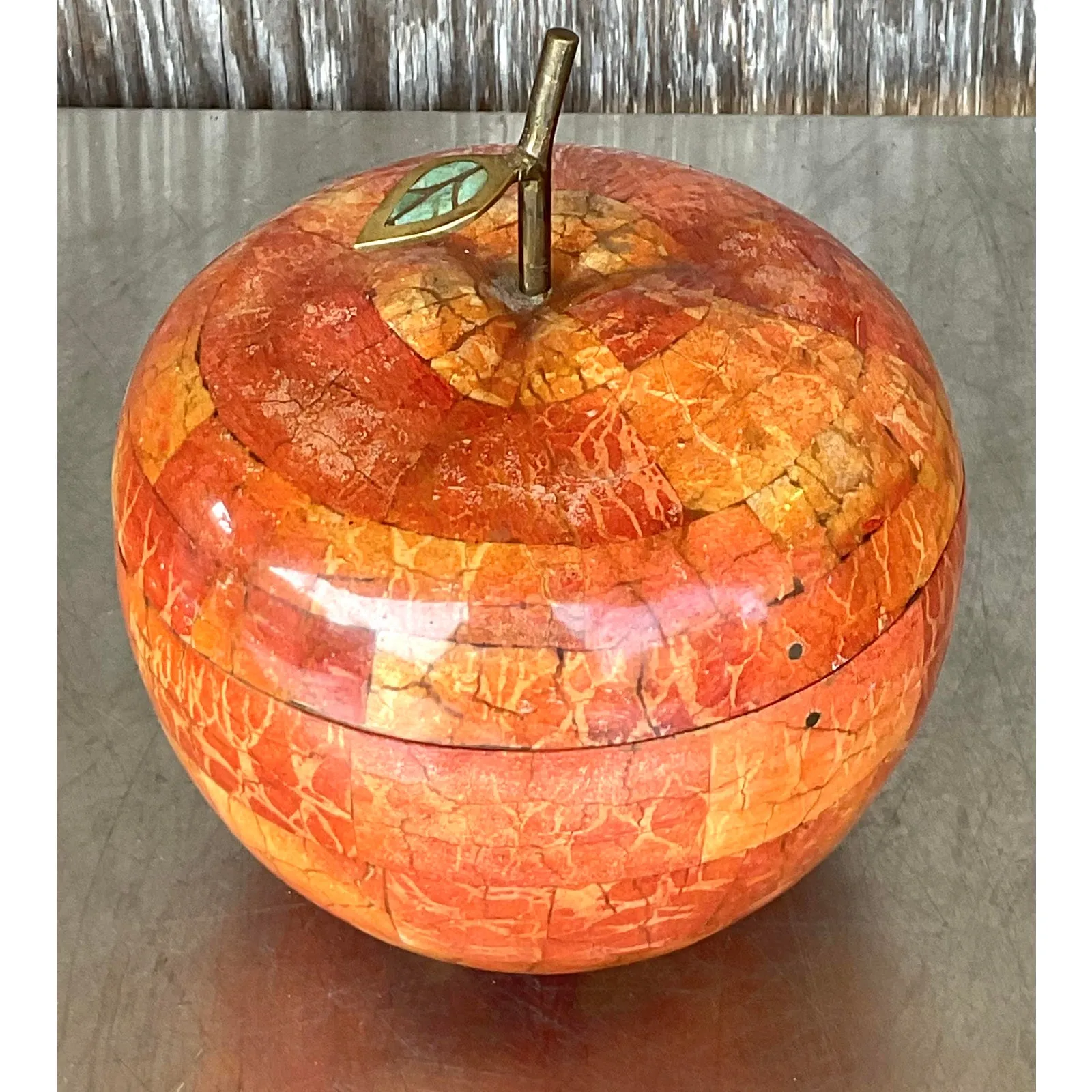 Vintage Boho Maitland Smith Tessellated Stone Apple Lidded Box — additional photo 8