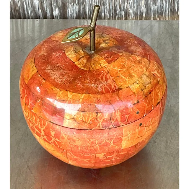 Vintage Boho Maitland Smith Tessellated Stone Apple Lidded Box — additional photo 8