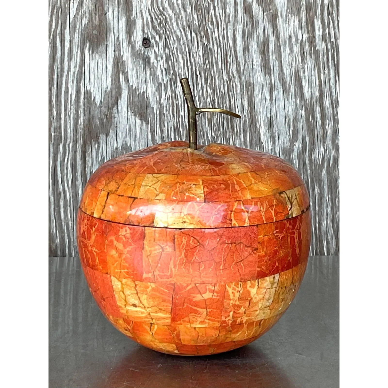 Vintage Boho Maitland Smith Tessellated Stone Apple Lidded Box — additional photo 2