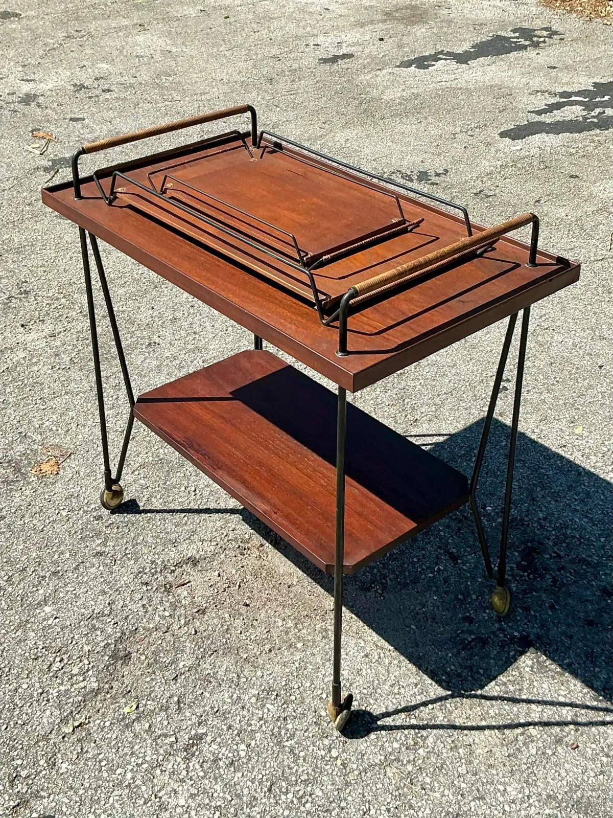 Vintage Swedish Teak Bar Cart With Serving Trays - Set of 3 - Side view