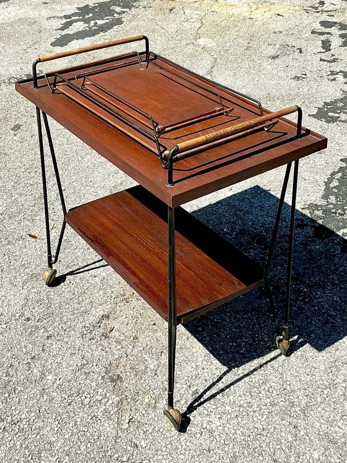 Vintage Swedish Teak Bar Cart With Serving Trays - Set of 3 - Back view