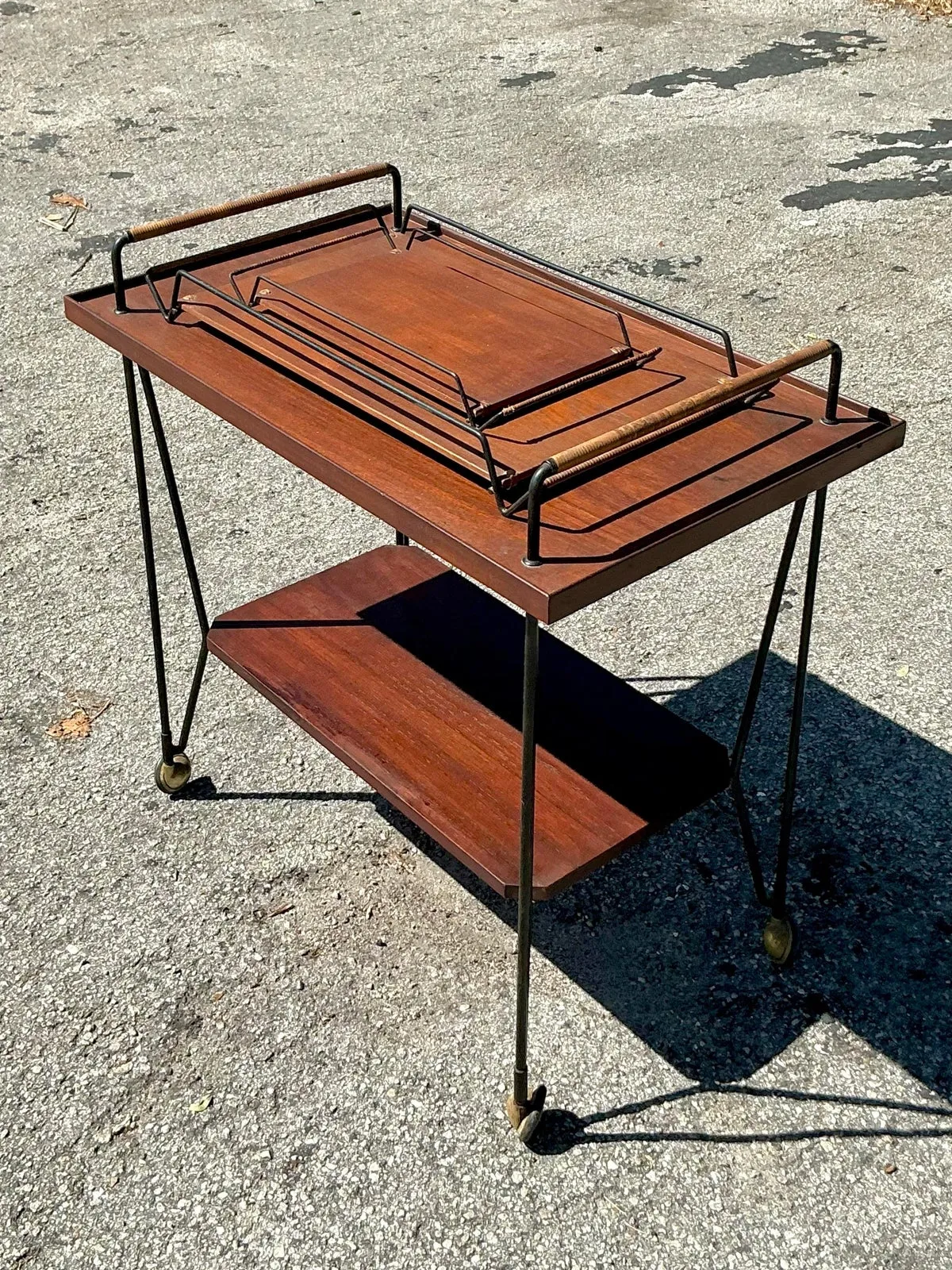 Vintage Swedish Teak Bar Cart With Serving Trays - Set of 3 - Angle view