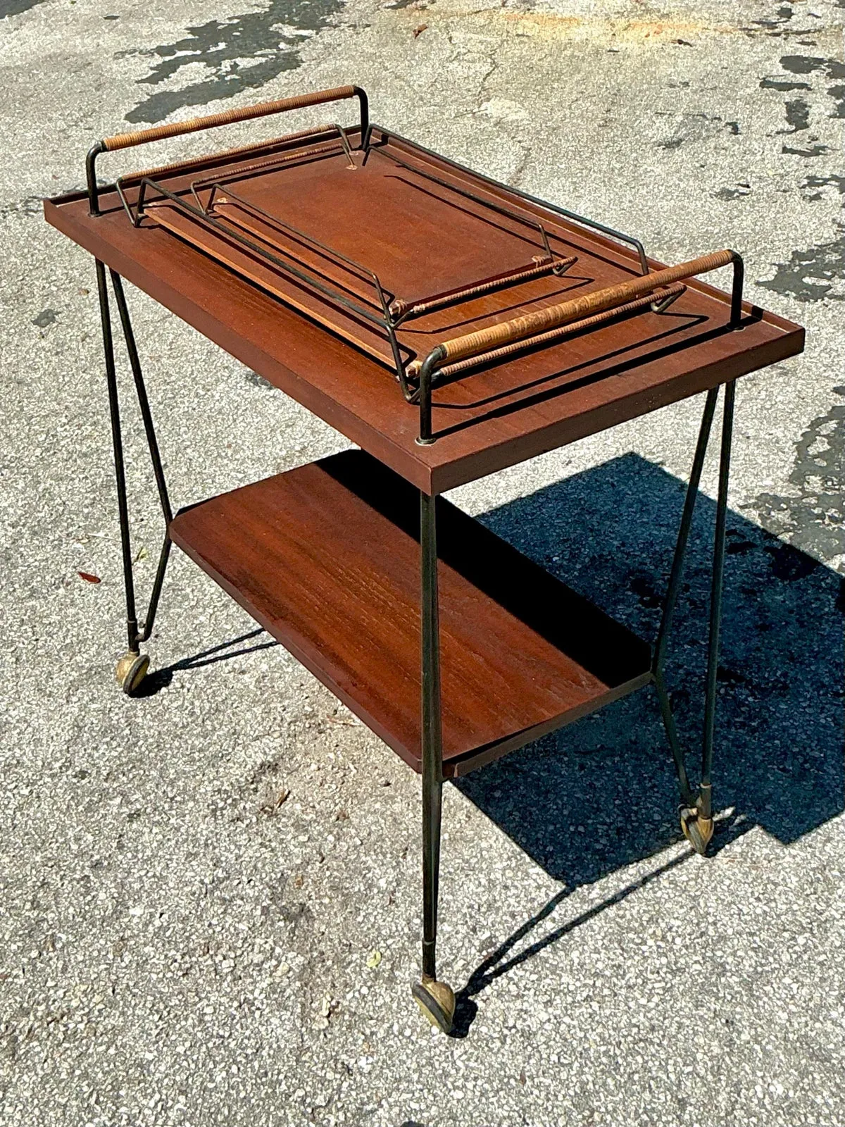 Vintage Swedish Teak Bar Cart With Serving Trays - Set of 3 - Close-up view
