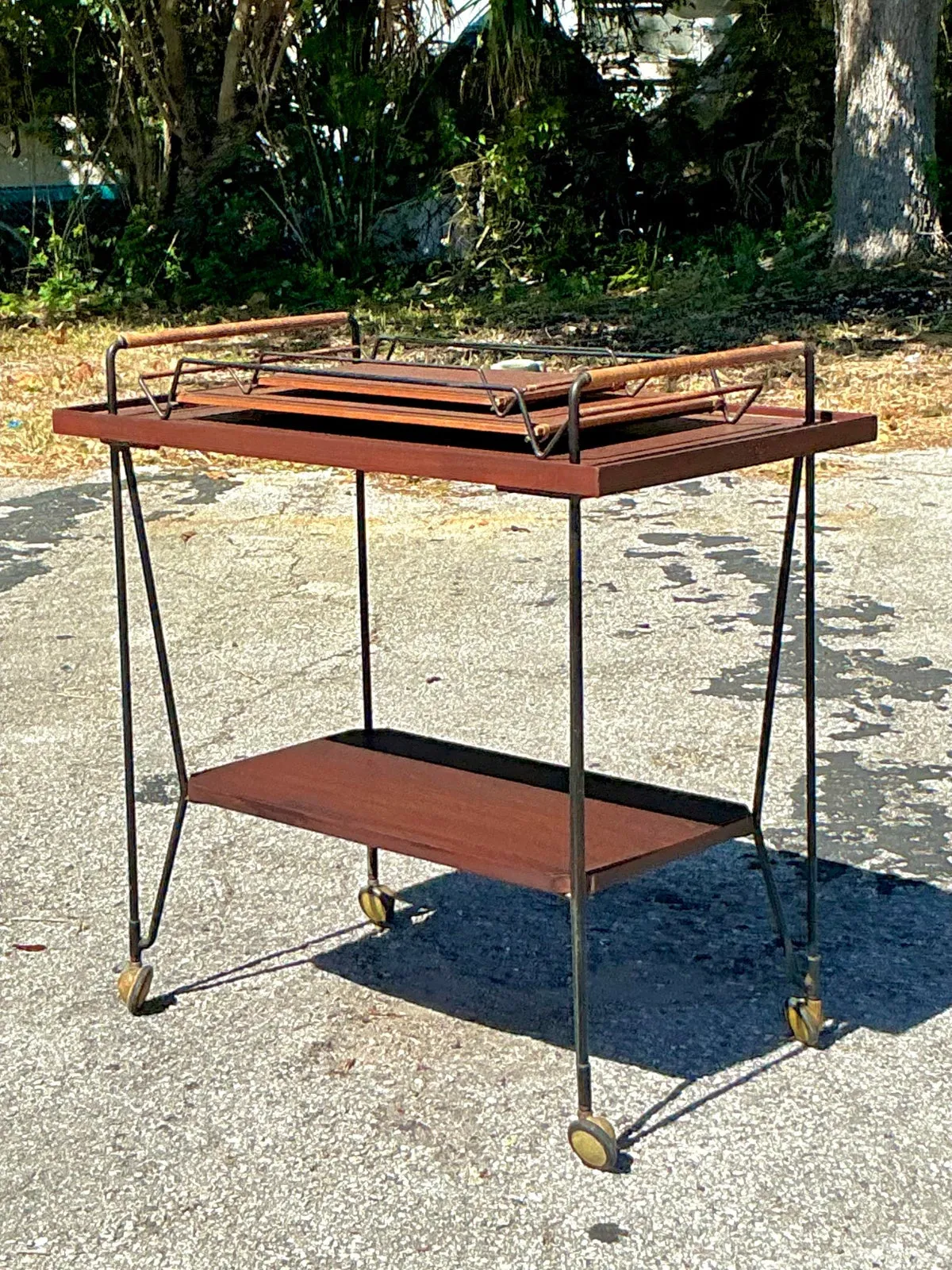 Vintage Swedish Teak Bar Cart With Serving Trays - Set of 3 - Interior view