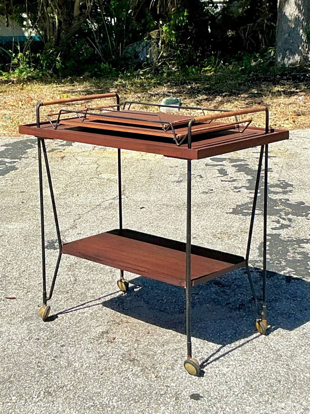 Vintage Swedish Teak Bar Cart With Serving Trays - Set of 3 - Bottom view