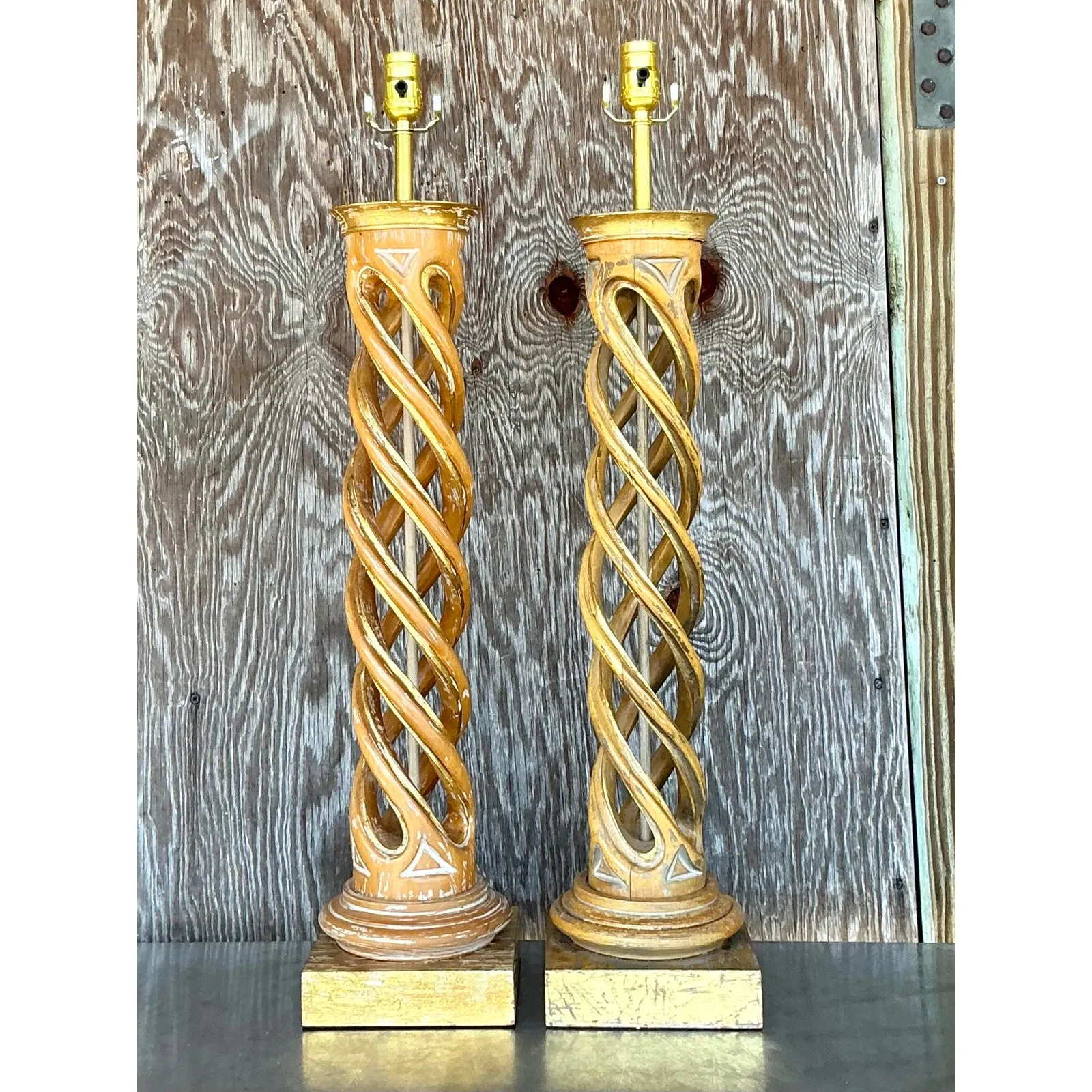 Vintage Boho Gilt Tipped Twist Lamps - A Pair