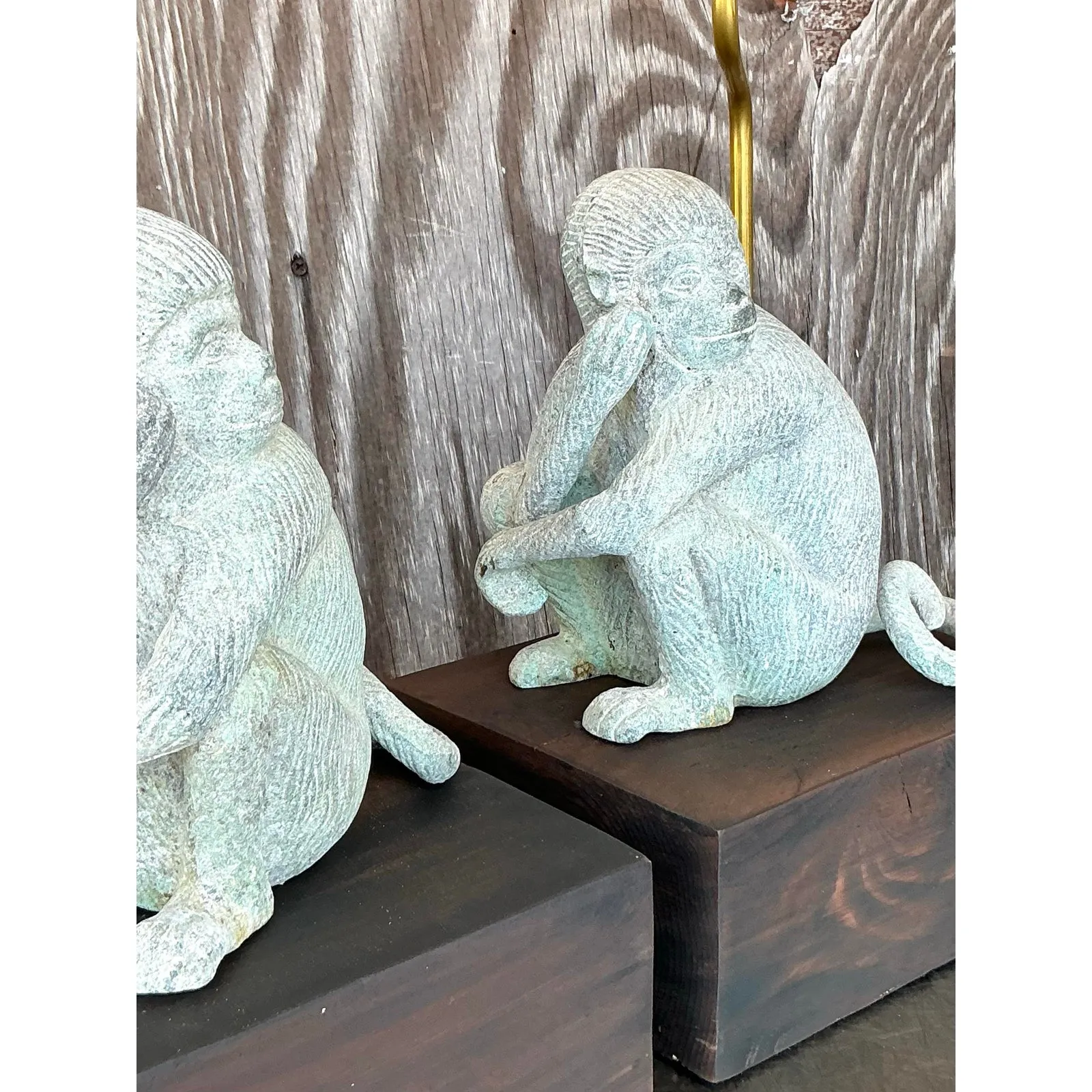 Vintage Boho Patinated Metal Monkeys Lamps - A Pair — additional photo 4