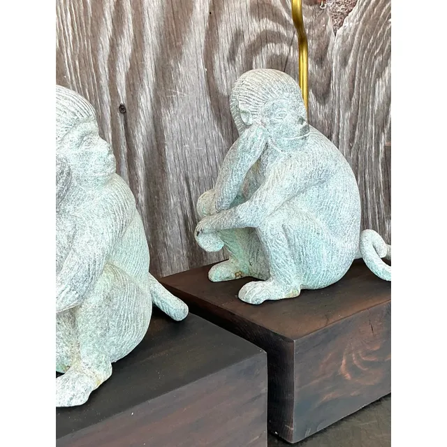 Vintage Boho Patinated Metal Monkeys Lamps - A Pair — additional photo 4