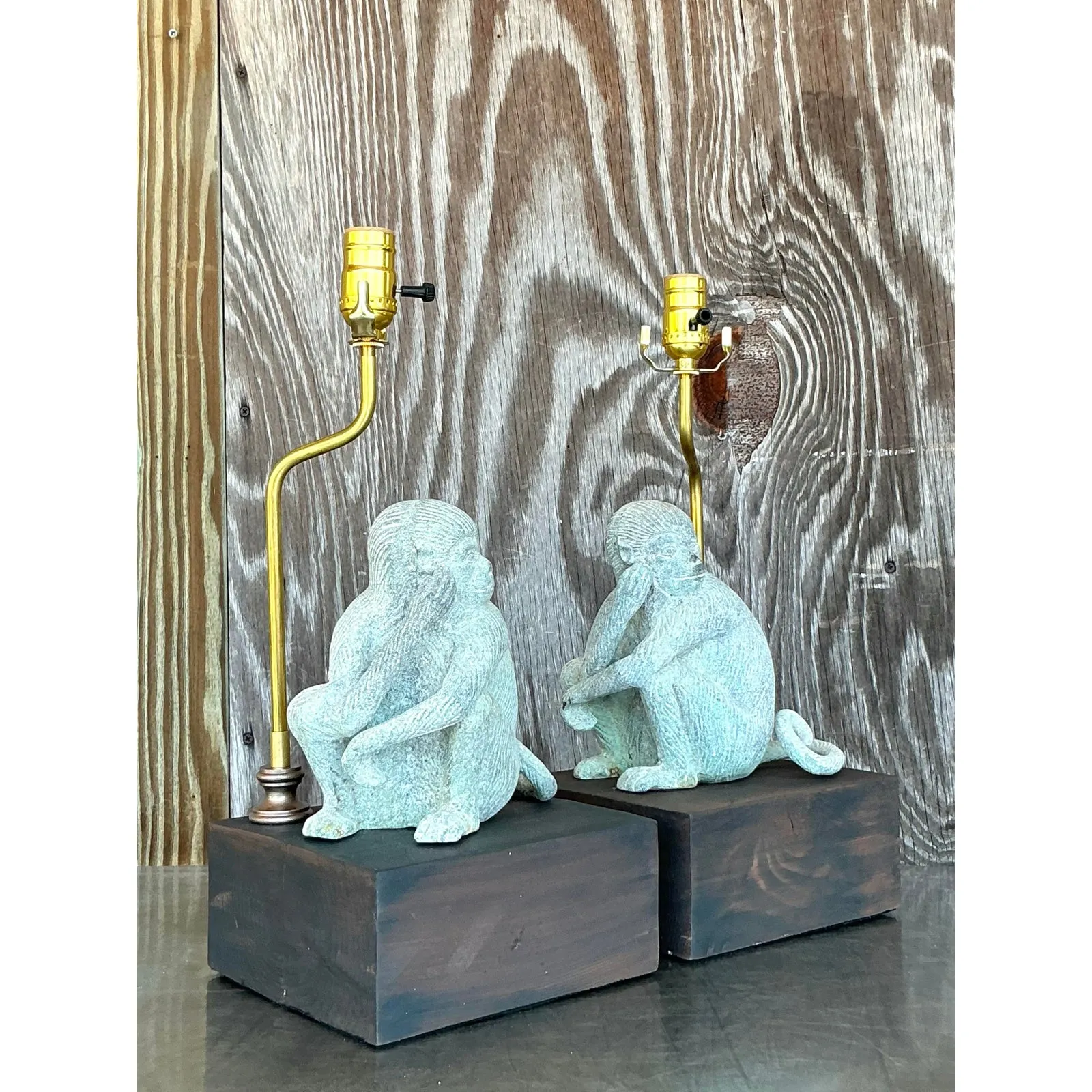 Vintage Boho Patinated Metal Monkeys Lamps - A Pair — additional photo 1